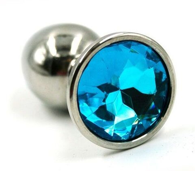 Серебристая анальная пробка с нежно-голубым кристаллом - 7 см. (Цвет: нежно-голубой)