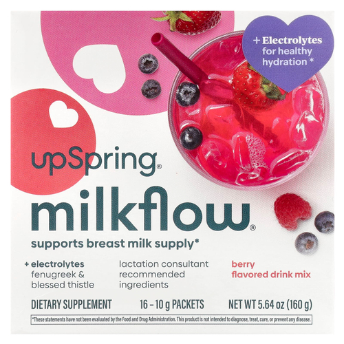 UpSpring, MilkFlow, электролиты, пажитник и кникус, напиток со вкусом ягод, 16 пакетиков по 10 г (0,35 унции)