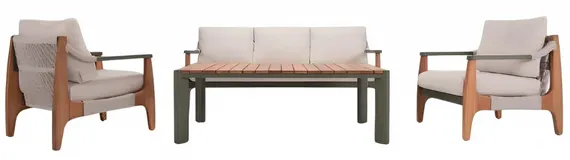 Комплект уличной мебели Elif из алюминия и дерева ироко, 2 кресла, диван и столик