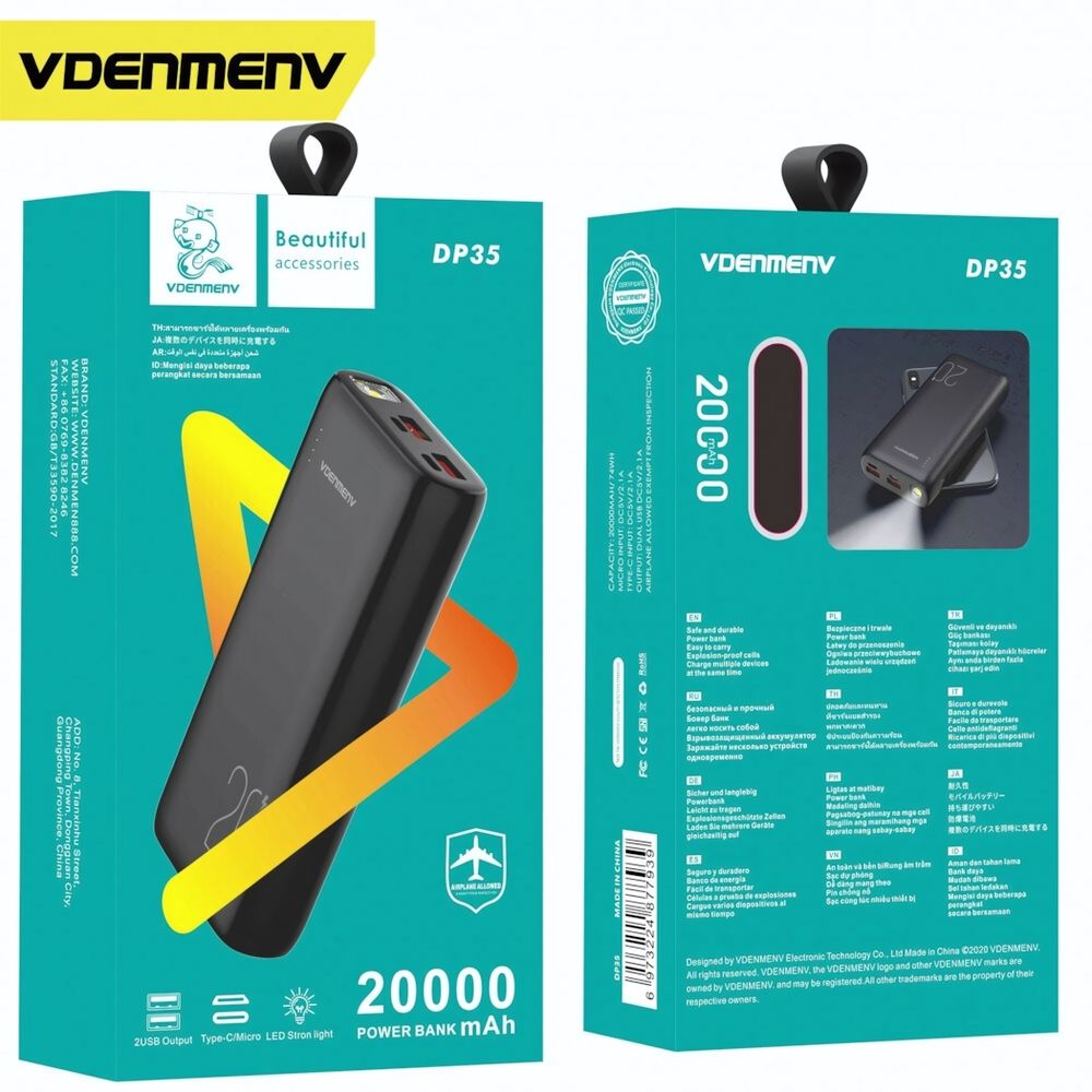 Внешний аккумулятор DENMEN DP35 20000mAh, 2.1A, MicroUSB/Type-C+2xUSB Black