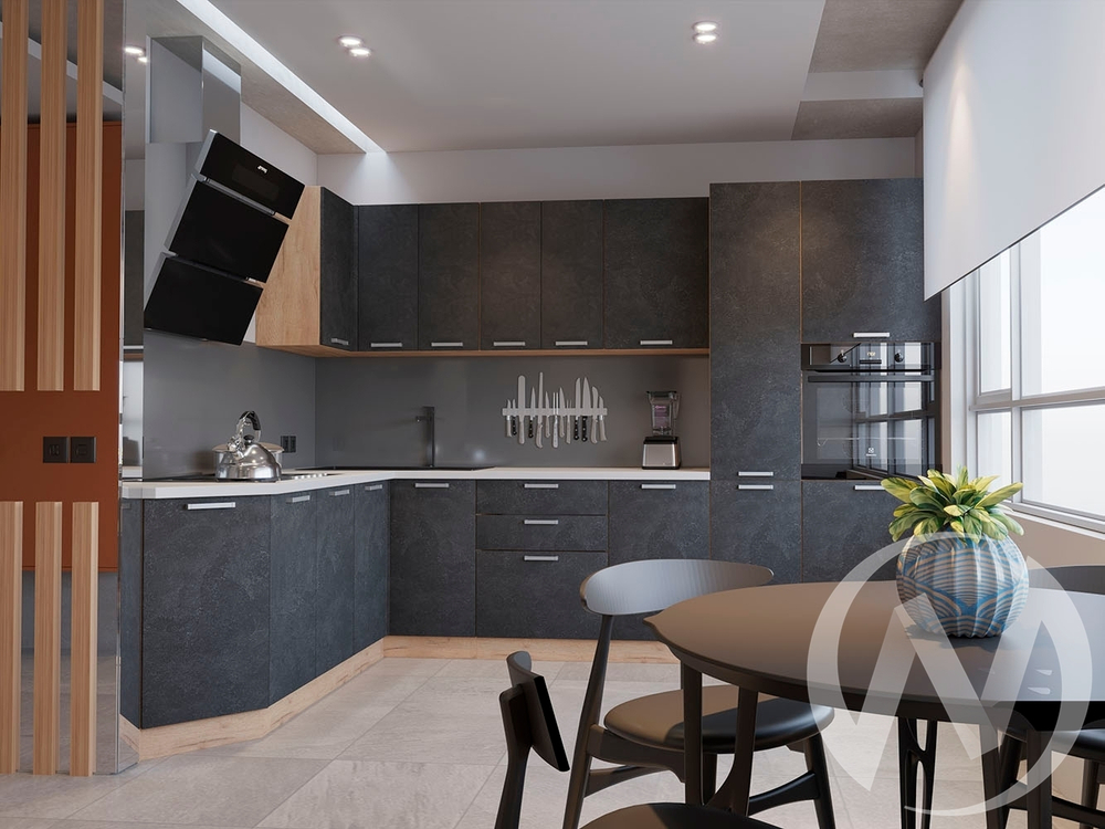 Кухня "Витория": бетон графит (корпус дуб крафт золотой)