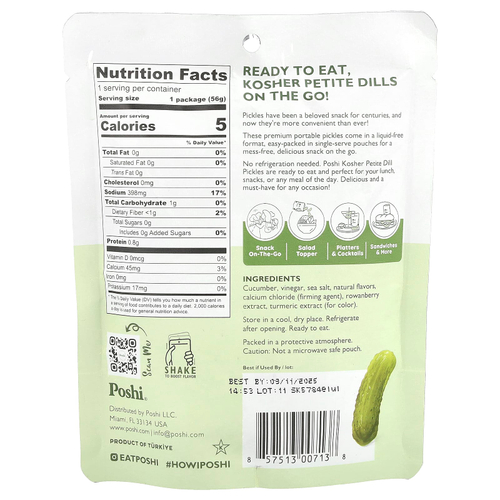 Poshi, Snacks, кошерные маленькие маринованные с укропом премиального качества с морской солью, 56 г (2 унции)