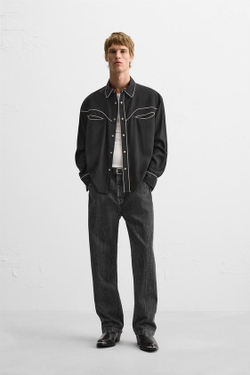 ZARA РУБАШКА С КОНТРАСТНЫМИ КАНТАМИ, ЧЕРНЫЙ