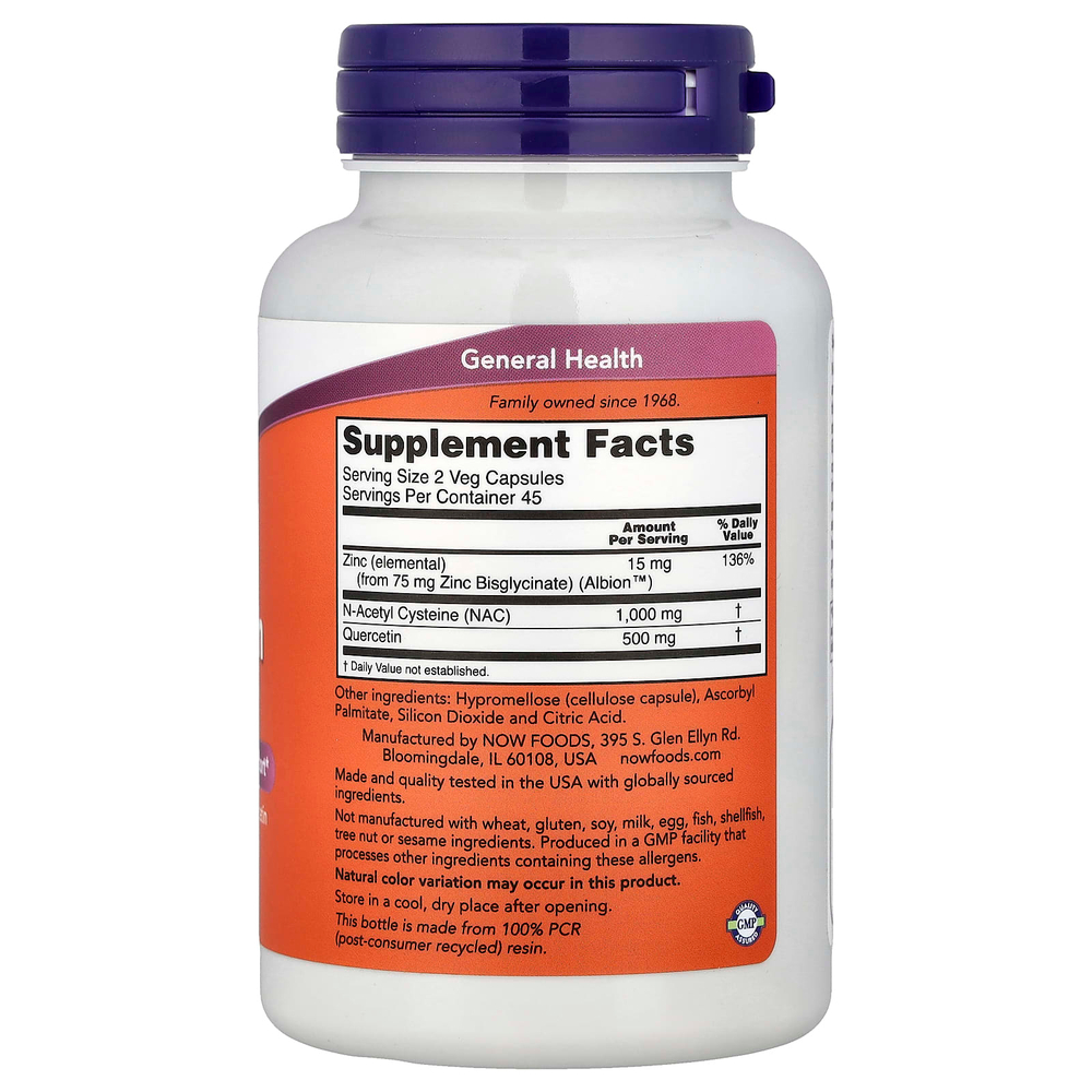 NOW Foods, NAC кверцетин и цинк, 90 растительных капсул