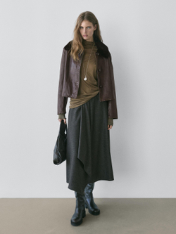 Massimo Dutti Куртка из кожи наппа с воротником из овчины, коричневый