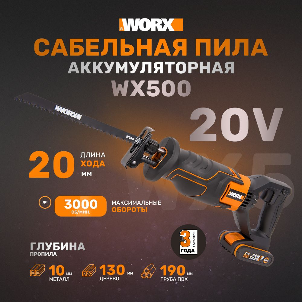Сабельная пила аккумуляторная WORX WX500