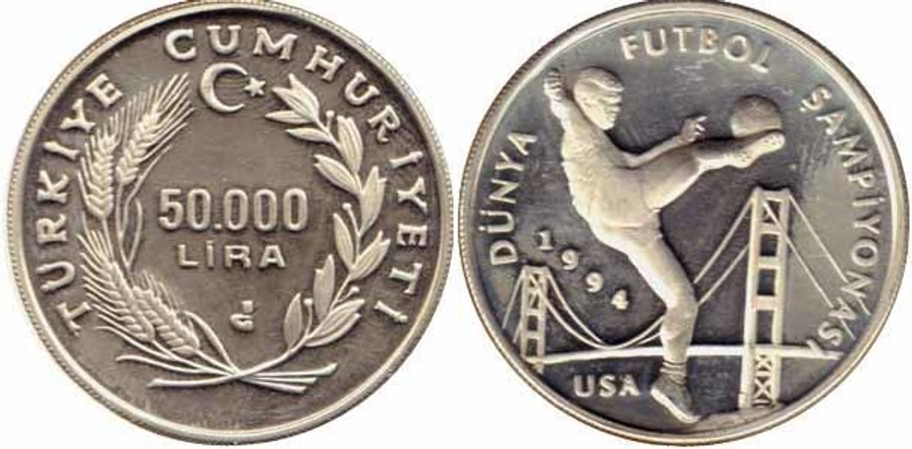 50000 лир Чемпионат мира по футболу США 1994 г. Мост Турция 1994 г. Proof