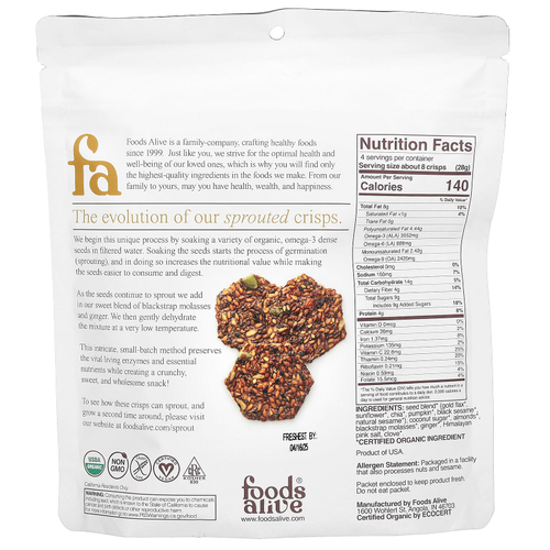 Foods Alive, Хрустящие чипсы, имбирь, 113 г (4 унции)