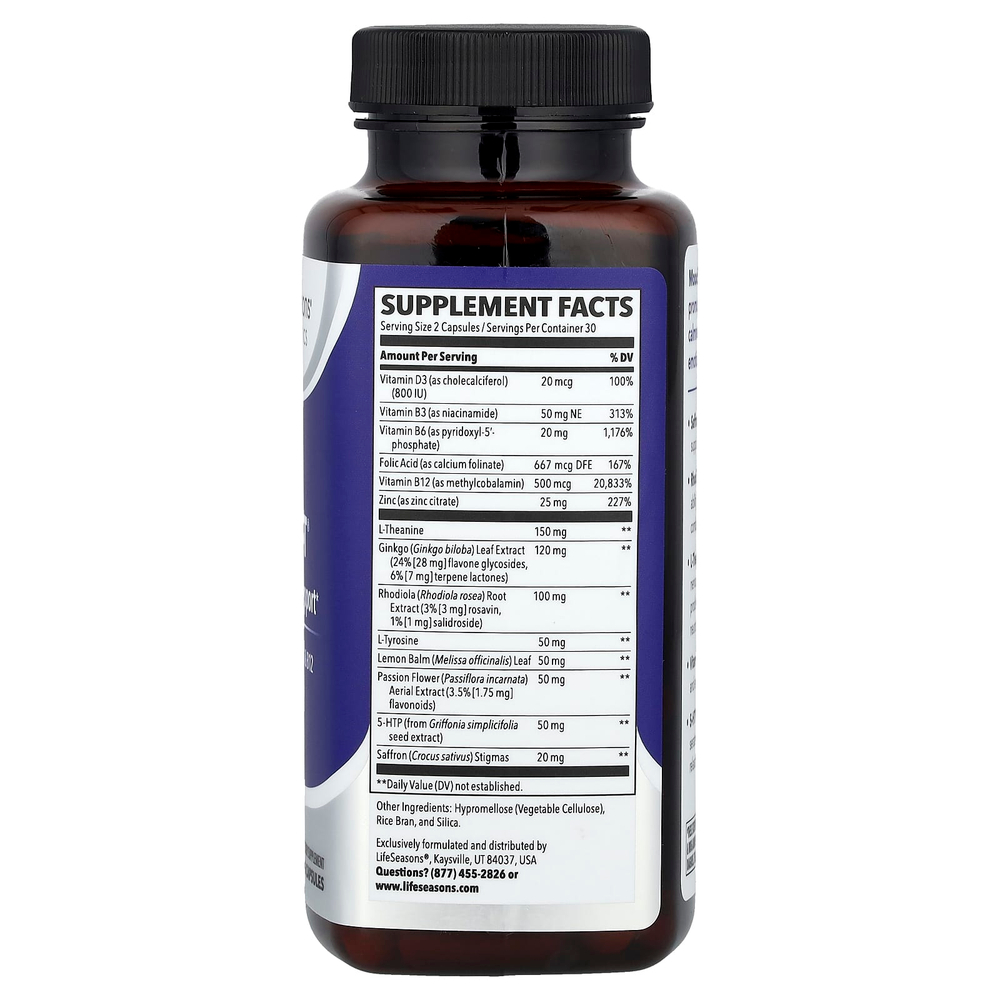 LifeSeasons, Mood Stabili-T, добавка для поддержки хорошего настроения, 60 вегетарианских капсул
