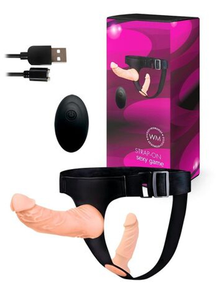 Женский страпон с 2 насадками, вибрацией и пультом ДУ