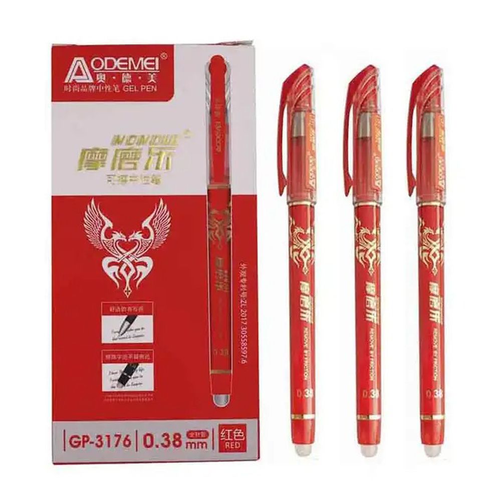 Ручка гелевая, пиши-стирай, Odemei, красные чернила, красный корпус, 12 шт