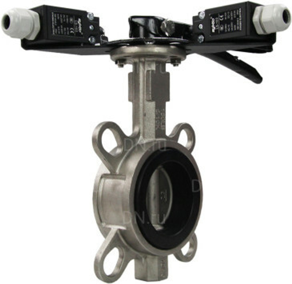 Water butterfly valve Elephant 316L-316L-PTFE body material - stainless steel AISI 316L, disk material - stainless steel AISI 316L, seal - PTFE with handle, with two LS-103 250V limit switches and a bracket for mounting the limit switches