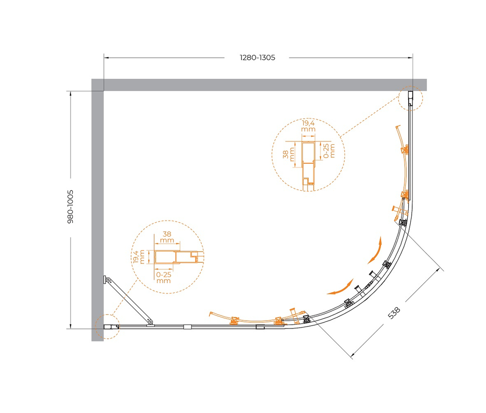 Душевой уголок Cezares MOLVENO-RH-2-130/100-P-Cr, 130х100х195, профиль хром, стекло Punto матовое
