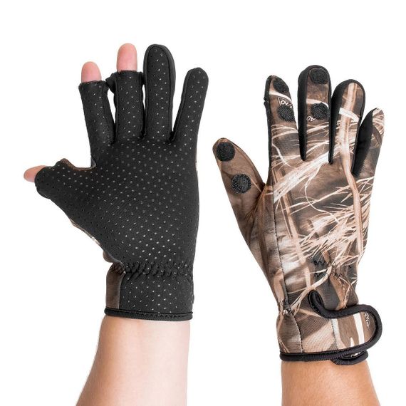 Перчатки Helios рыбацкие КМФ лес на липучке с ПВХ р. L