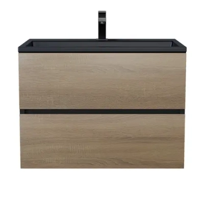 Тумба с раковиной Uperwood Barsa 70 см, раковина черная глянцевая, подвесная тумба черная/дуб сонома
