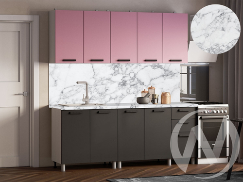 Кухня Кьяра 2.0м (корпус белый/карбон сакура; карбон вулкан) 26мм мрамор итальянский