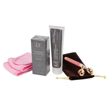 Набор(массажер роликовый Gold-белая уп.повязка на голову на липучке.маска для лица-1886.эссенция для лица-1848.пакет 30*30) La and Te beaute LT-29