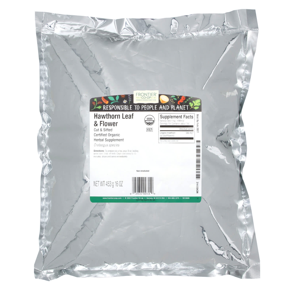 Frontier Co-op, Органические просеянные и срезанные листья и цветы боярышника, 453 г (16 унций)