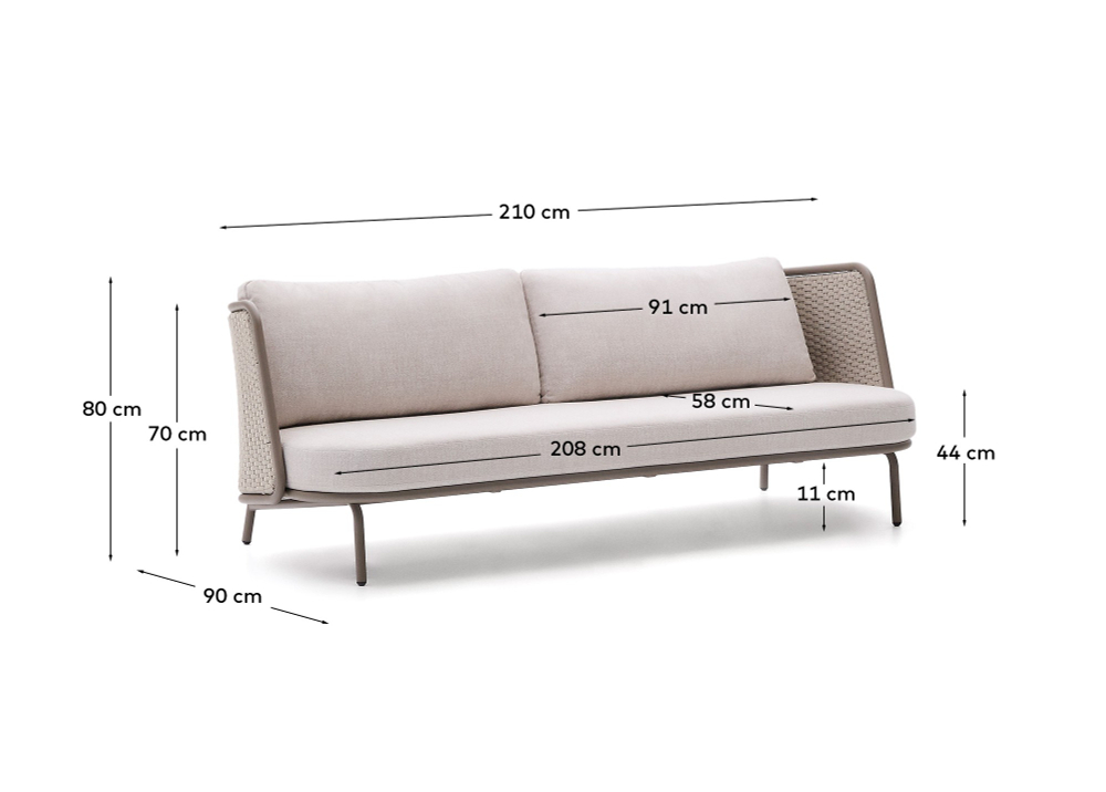 Уличный 3-местный диван Sedalis из алюминия и веревки серого цвета 210 см