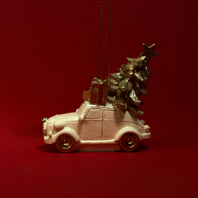 Украшение подвесное Машинка с елочкой (полирезин), Н6,5х7х3,5см, кремовый/золотой