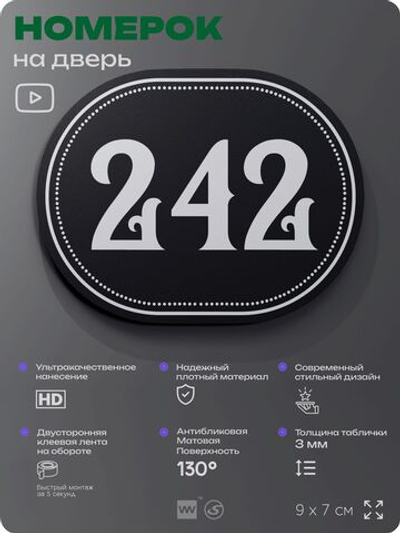 Номерок на дверь квартиры 242, для кабинета, офиса, шильдик 9 х 7 см, черный, Айдентика Технолоджи
