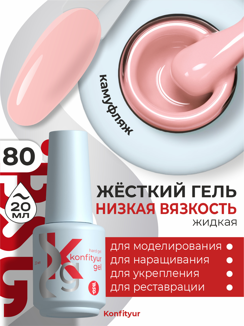 Жёсткий гель в бутылке Konfityur №80 НИЗКАЯ ВЯЗКОСТЬ - Клубничный йогурт (20 мл)