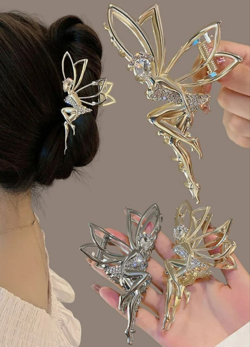 Заколка-краб "Фея" инкрустированная стразами. Цвет: серебро