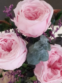 композиция из пионов, эвкалипта, лимониума