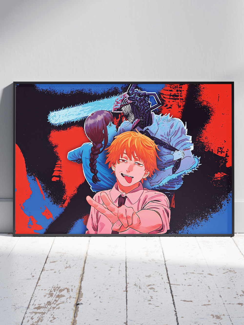 Постер плакат Денджи На Фоне Макимы И Денджи Chainsaw Man Человек Бензопила