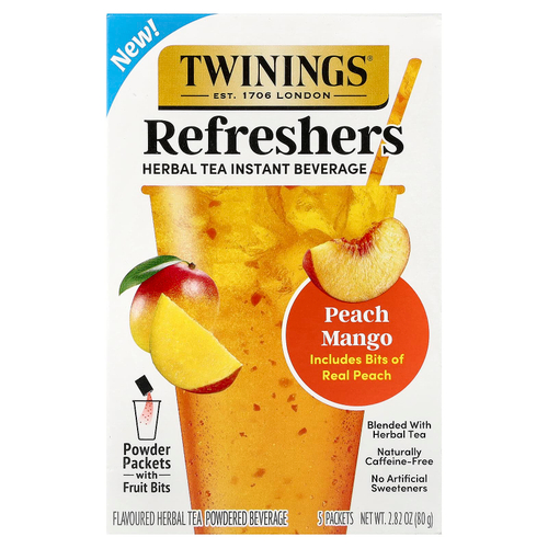 Twinings, Refreshers, растворимый напиток на основе травяного чая, персик и манго, без кофеина, 5 пакетиков по 16 г (0,56 унции)