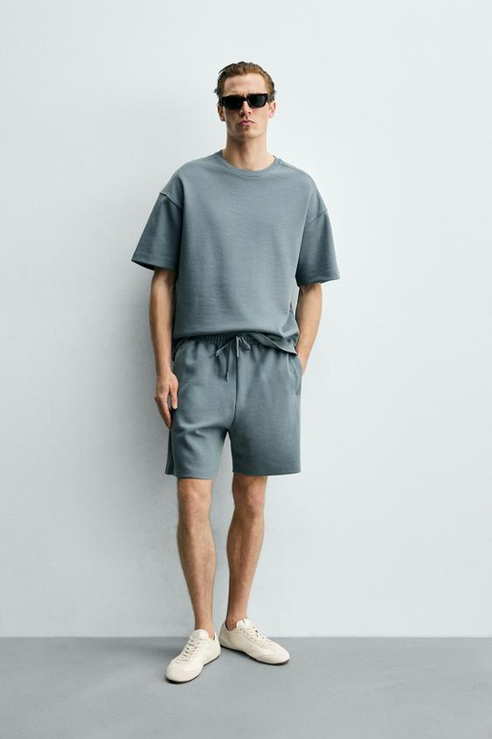 ZARA ШОРТЫ-ДЖОГГЕРЫ RELAXED FIT INTERLOCK, УТИНО-СИНИЙ