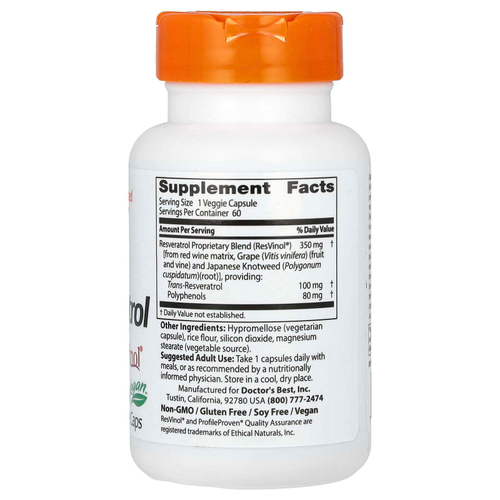 Doctor's Best, транс-ресвератрол 100 с ResVinol, 100 мг, 60 вегетарианских капсул