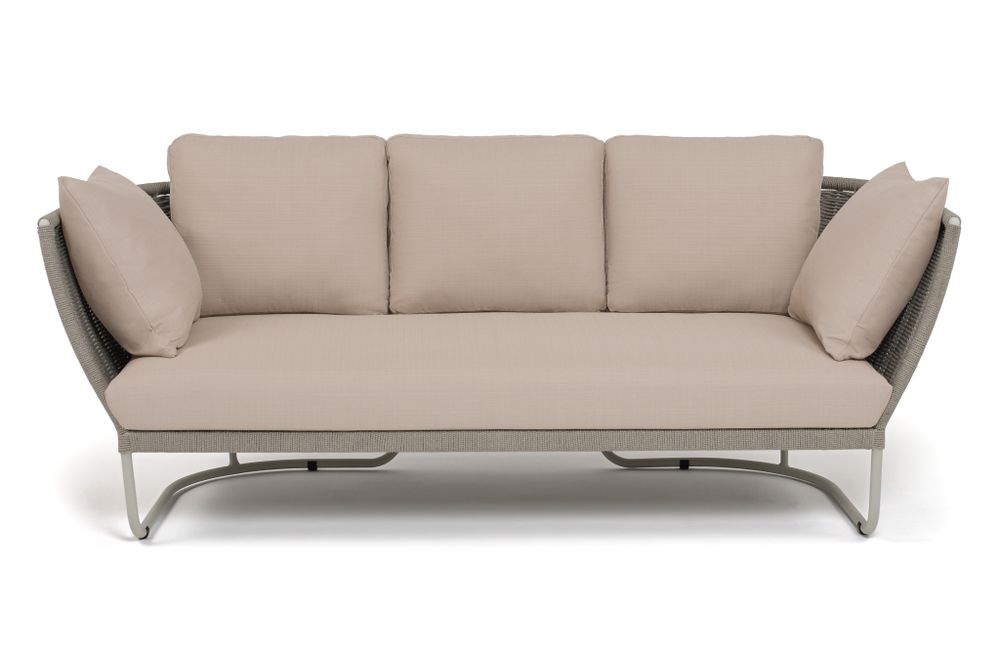 "Фиджи" диван 3-местный плетеный из роупа, каркас алюминий светло-серый (RAL7035) муар, роуп серый меланж круглый, ткань Mossle бежевая