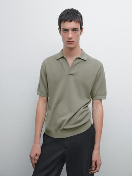 Massimo Dutti Вязаная футболка-поло с V-образным вырезом, болотно-зеленый
