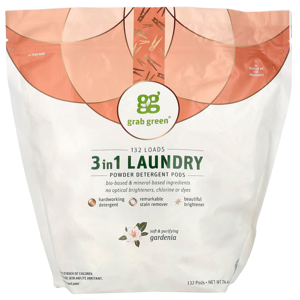 Grab Green, капсулы для стирки 3 в 1, гардения, 132 загрузки, 2,1 кг (74,4 унции)