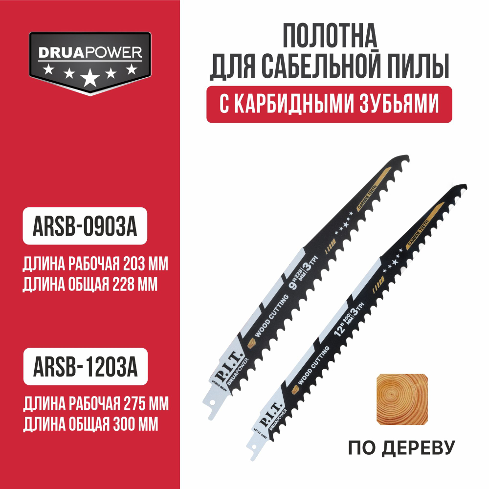 Полотно для сабельной пилы с карбидными зубьями P.I.T. DRUA 2 шт, 228х1,3мм, 3 TPI (ARSB-0903A)