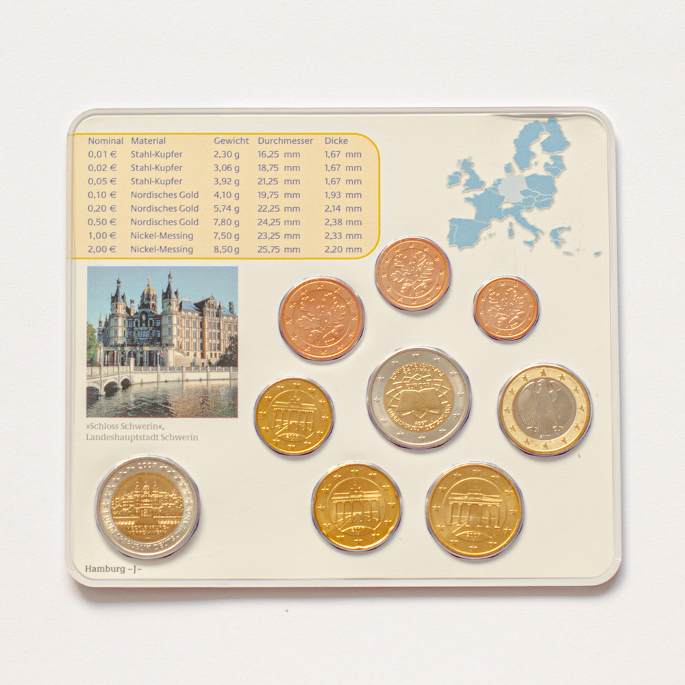 Germany 2007 Year Set (A, D, F, G, J) + 5 x 2 Euro: "Schwerin Castle (Mecklenburg-Vorpommern)" and "50th anniversary of the Treaty of Rome"