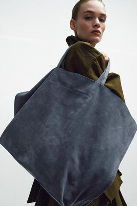 ZARA ЗАМШЕВАЯ СУМКА-ШОПЕР MAXI, СИНИЙ