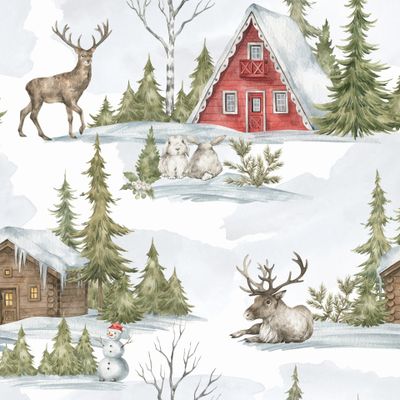 Зимний пейзаж, лес, дом, олени, елки