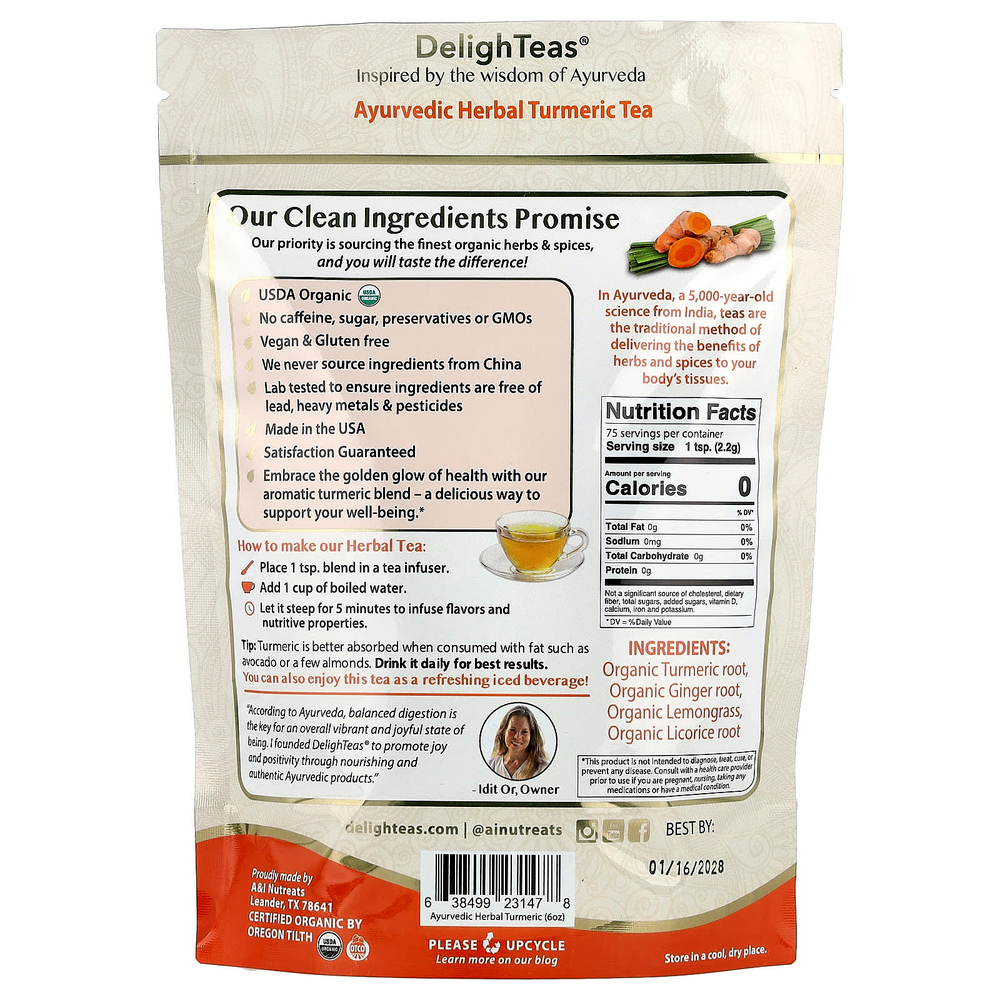 DelighTeas, аюрвердический травяной чай с куркумой, рассыпная смесь, без кофеина, 170 г (6 унций)