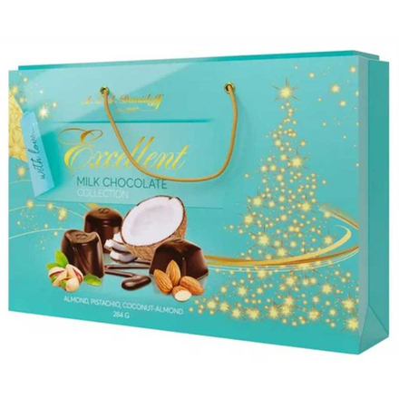 Ассорти конфет Demidoff из молочного шоколада с начинками (миндаль, фисташка, кокос-миндаль) НГ в сумке 284г