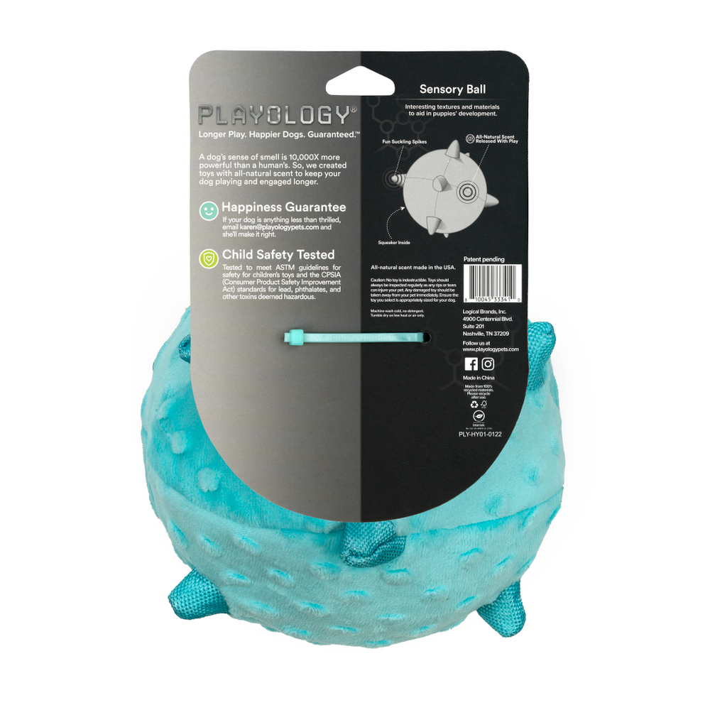 Сенсорный плюшевый мяч Playology PUPPY SENSORY BALL 15 см для щенков средних и крупных пород 8-16 недель с ароматом арахиса, цвет голубой
