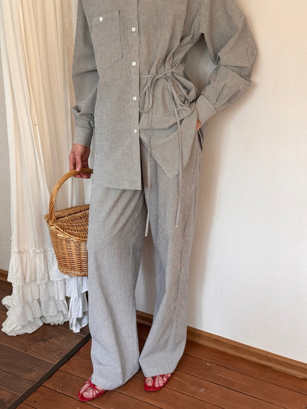 Брюки из вареного хлопка, Синий в полоску