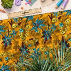 Ткань мембрана синие и горчичные цветы на жёлтом