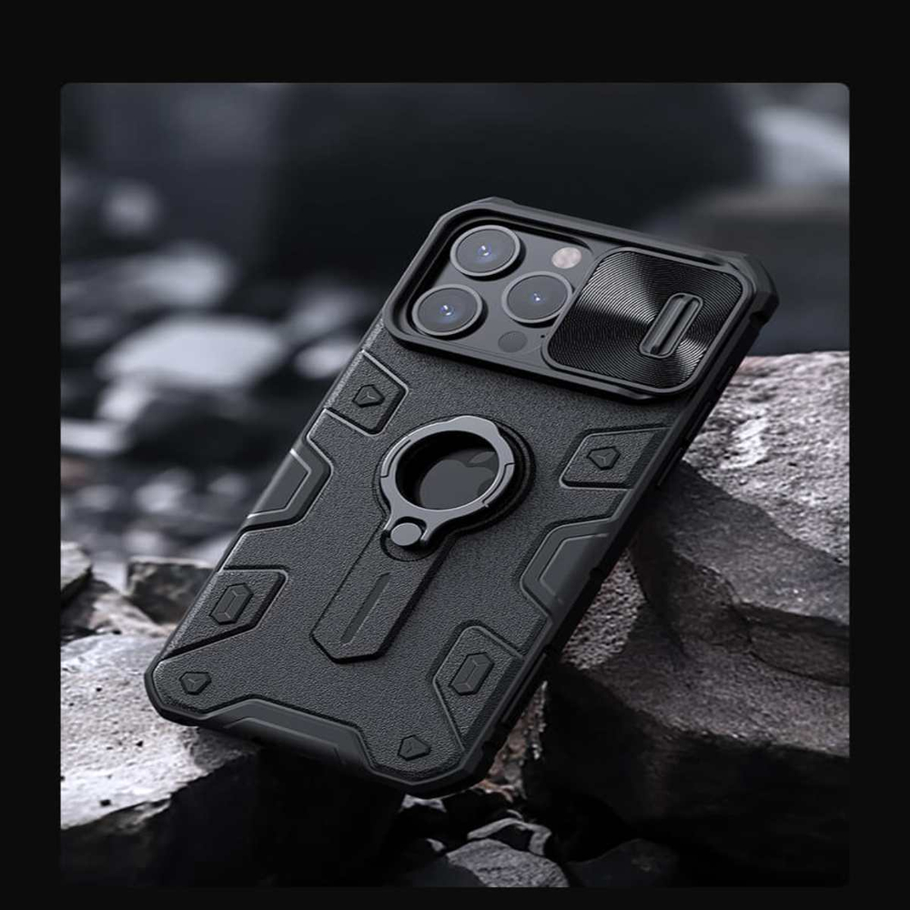 Противоударный чехол с кольцом и защитой камеры Nillkin CamShield Armor Case для iPhone 15 Pro