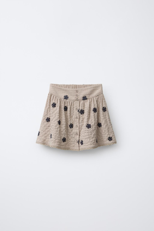 ZARA ЮБКА С ВЫШИВКОЙ, СВЕТЛО-БЕЖЕВЫЙ
