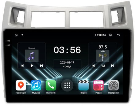 Магнитола для Toyota Vitz 2, Yaris 2 2005-2011 (рамка серебро) - FarCar DX3022M монитор 9.5" IPS на Android 13, 4+64Гб, CarPlay