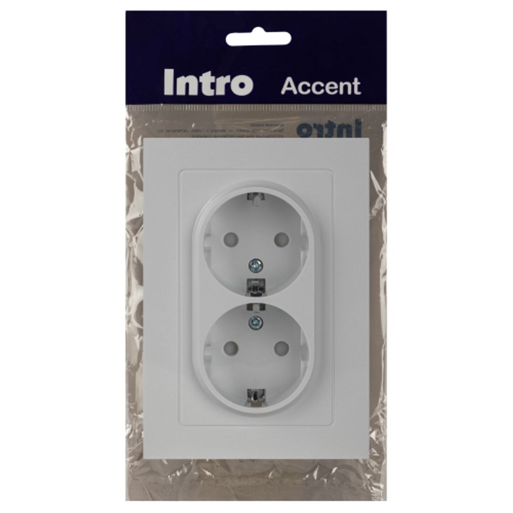Розетка Intro Accent 6-208-01 двойная с заземлением 2X2P+E Schuko со шторками 16А-250В IP20 СУ AL/CU белый | Intro