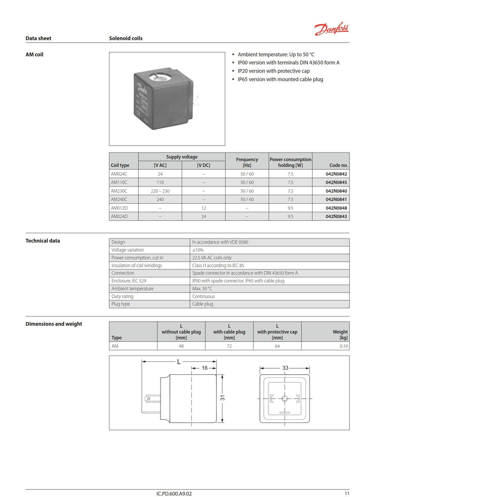 Клапан электромагнитный латунь НЗ нормально-закрытый EV220B ДУ 15 РУ16 G1/2" ВР DANFOSS 032U451431 в комплекте c катушкой AM024C, 24 В, 50/60 Гц