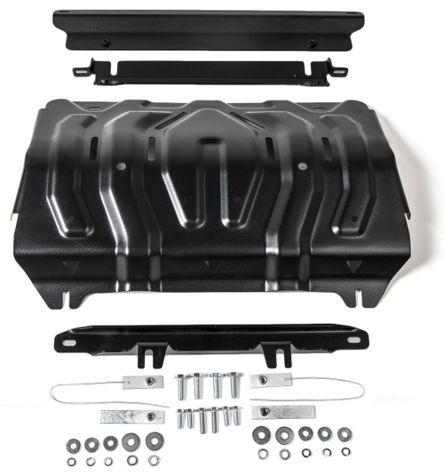 Защита радиатора Rival для Fiat Fullback (V - 2.4D) 2016-н.в./Mitsubishi L200 V (V - 2.4D) 2015-2019 2018-н.в./Mitsubishi Pajero Sport III (V - 2.4D; 3.0) 2016-2021 2021-н.в., сталь 3 мм, с крепежом, штампованная, 2111.4046.2.3